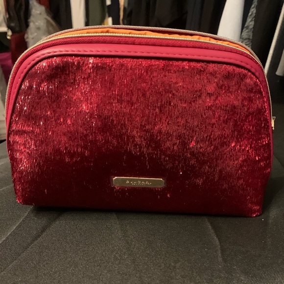 BVLGARI cosmetic or travel bag in a crimson red and gold hardware. NWOT - Picture 1 of 12